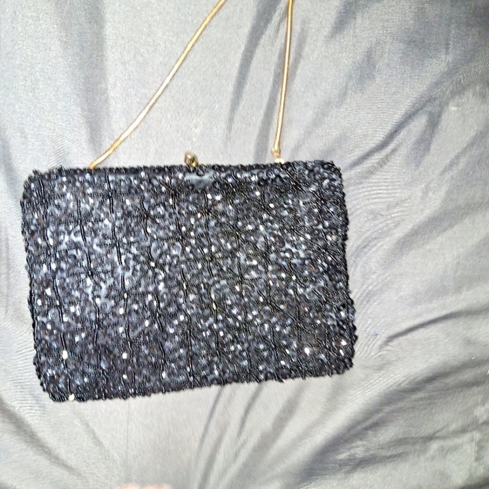 Vintage Black Beaded Sequin Clutch Gold Chain Purse